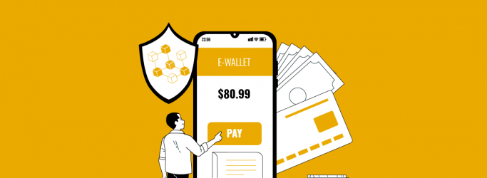 man operating mobile wallet yellow background