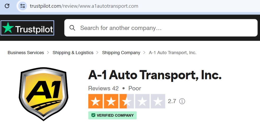 A-1 Auto Transport trustpilot review screeshot